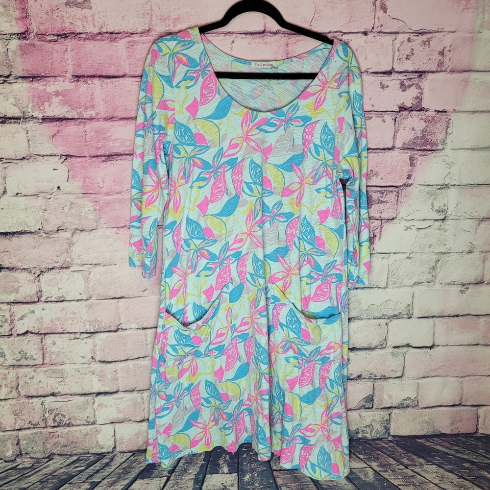 FRESH PRODUCE DALIA DRESS FRONT POCKETS BOLD COLORFUL LEAF PRINT 100% COTTON XL